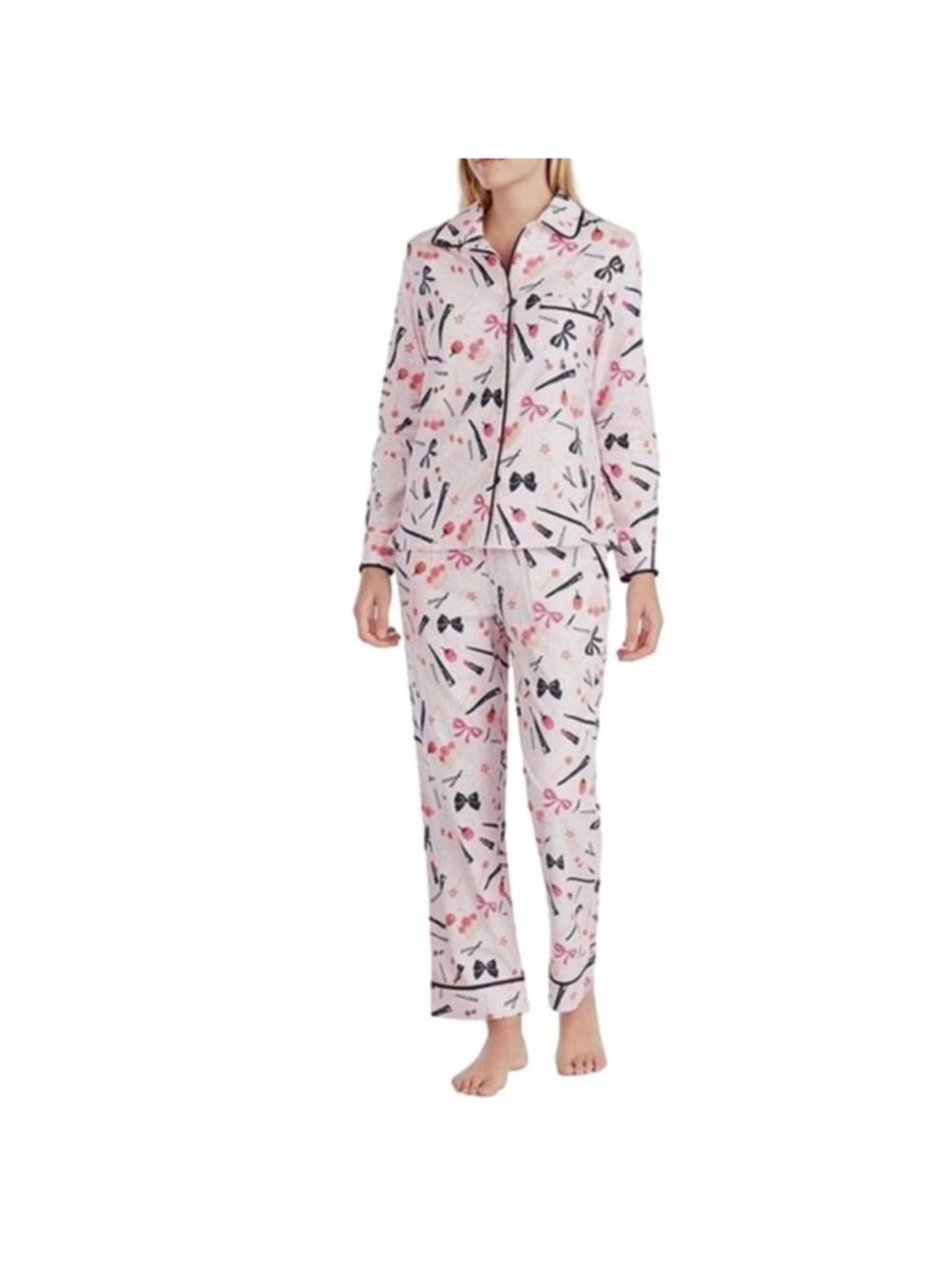 Kate Spade Pajama Set Pink Long Sleeve Top Pant Lipstick Bow Makeup Size Medium